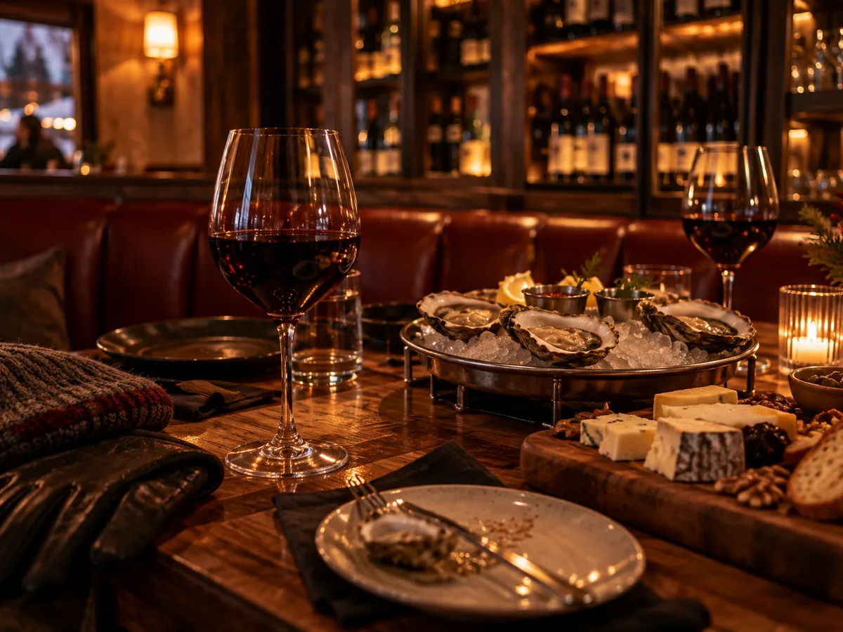 Red wine, oysters and a cheese board on a walnut table after a day of skiing in Park City