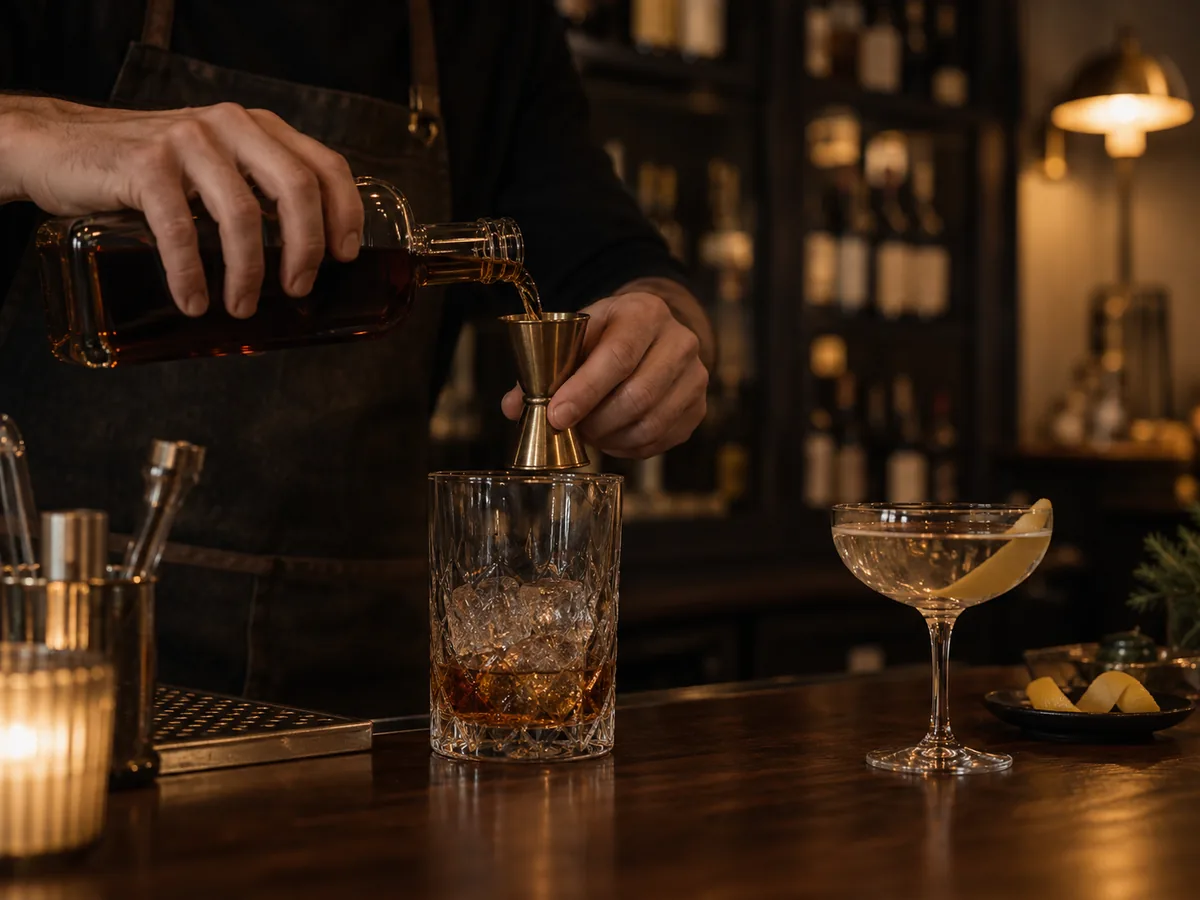 A bartender measuring spirits with a brass jigger at Tannin Bar