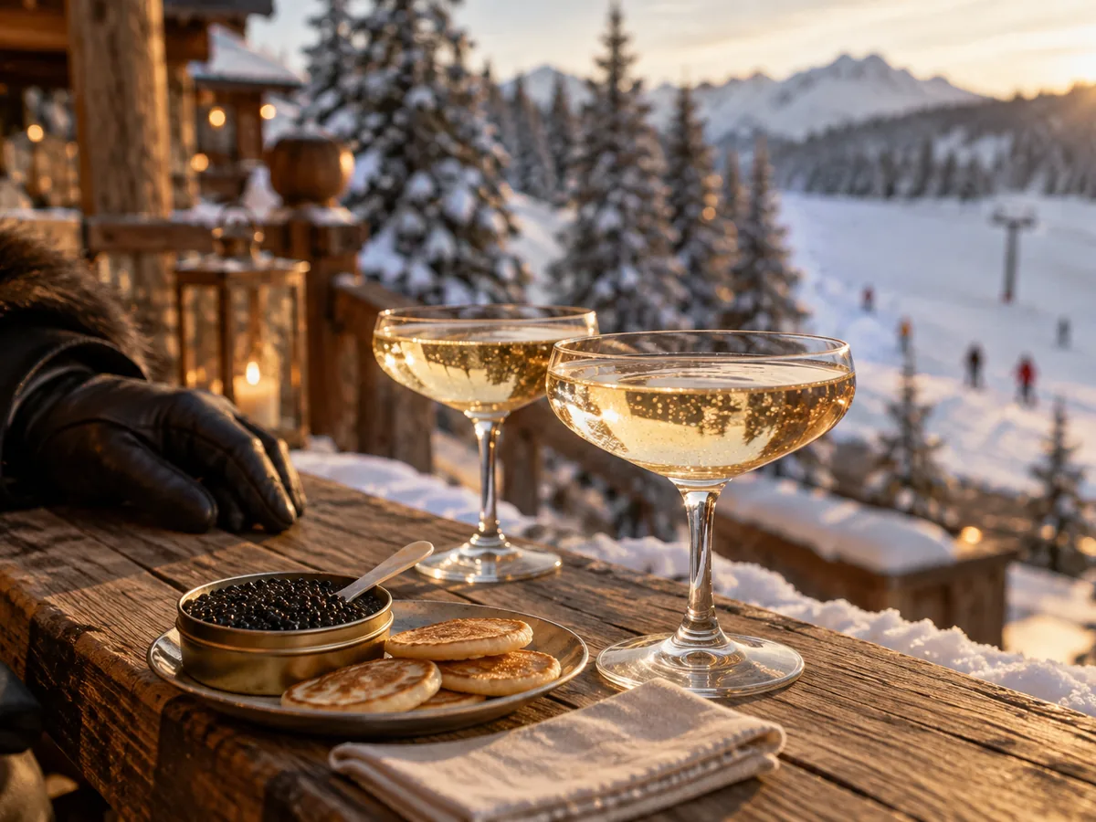 Champagne and caviar on a mountain lodge ledge during Deer Valley après-ski