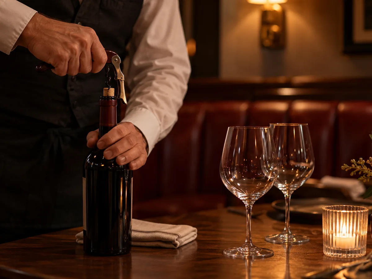A server opening a guest's bottle of wine at the table for corkage at Tannin Bar